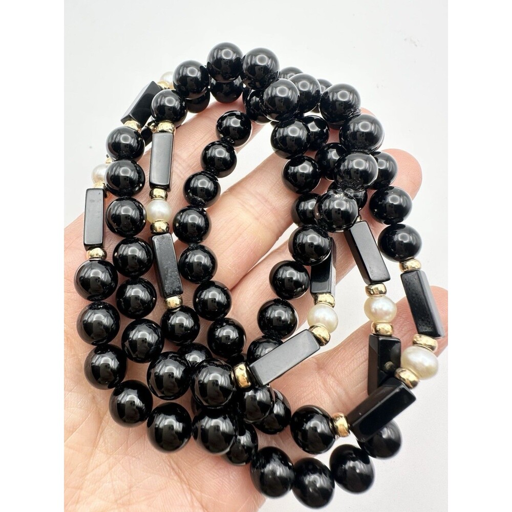 VINTAGE CULTURED PEARL 14K GOLD BLACK ONYX BEAD NECKLACE 30”